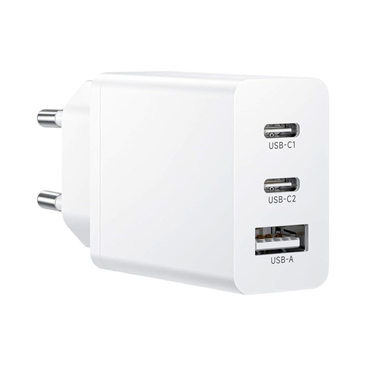 Încărcător rapid universal 2x USB Type C și 1x USB A, 65W, Alb