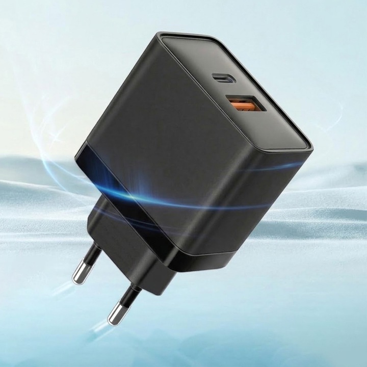 Комплект Зарядно устройство с адаптер 45W, Черно, Двоен порт USB-C и USB-A, Включен кабел Type C