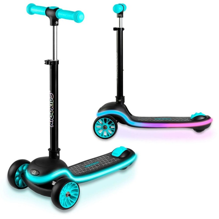 Trotineta de echilibru cu trei roti, ghidon din metal, platforma iluminata cu LED-uri, cu 20 de moduri, inaltimea ghidonului este reglabila, 65–81 cm, usor de pliat, frana de picior, neagra si turcoaz