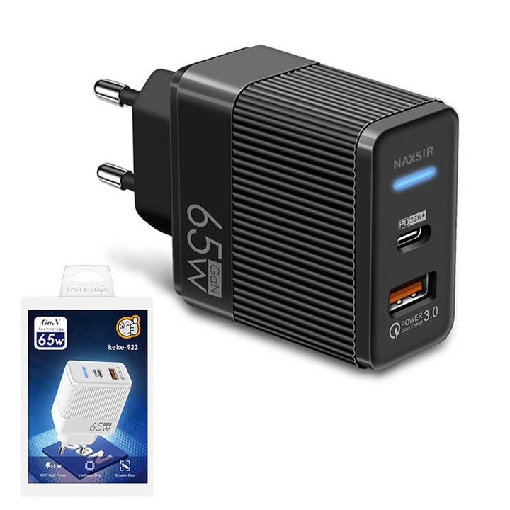 NAXSIR Hálózati Töltő, PD 33W Gyorstöltés, QC 3.0, Univerzális Multiport, Kompatibilis Apple, Samsung, Huawei, Xiaomi, Fekete