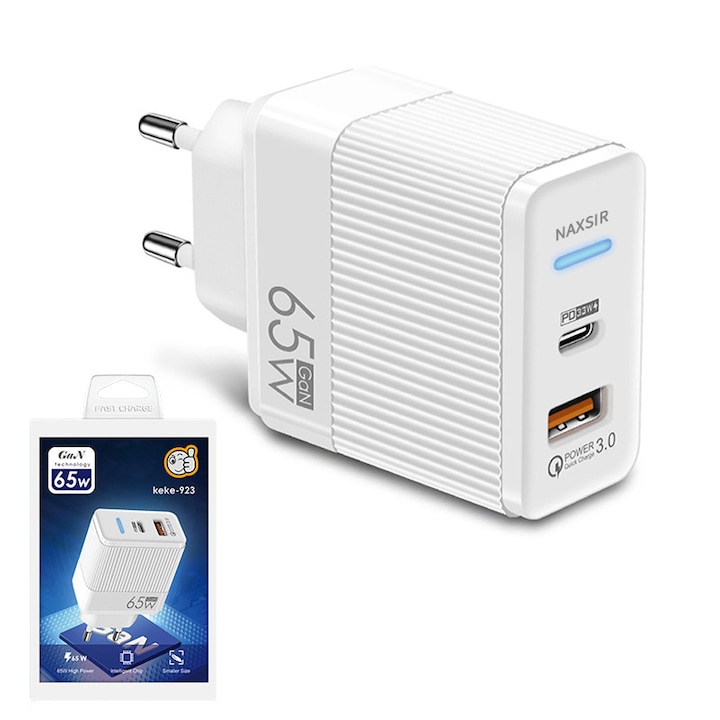 NAXSIR Hálózati Töltő, PD 33W Gyors Töltés, QC 3.0, Univerzális Multiport, Kompatibilis Apple, Samsung, Huawei, Xiaomi, Fehér