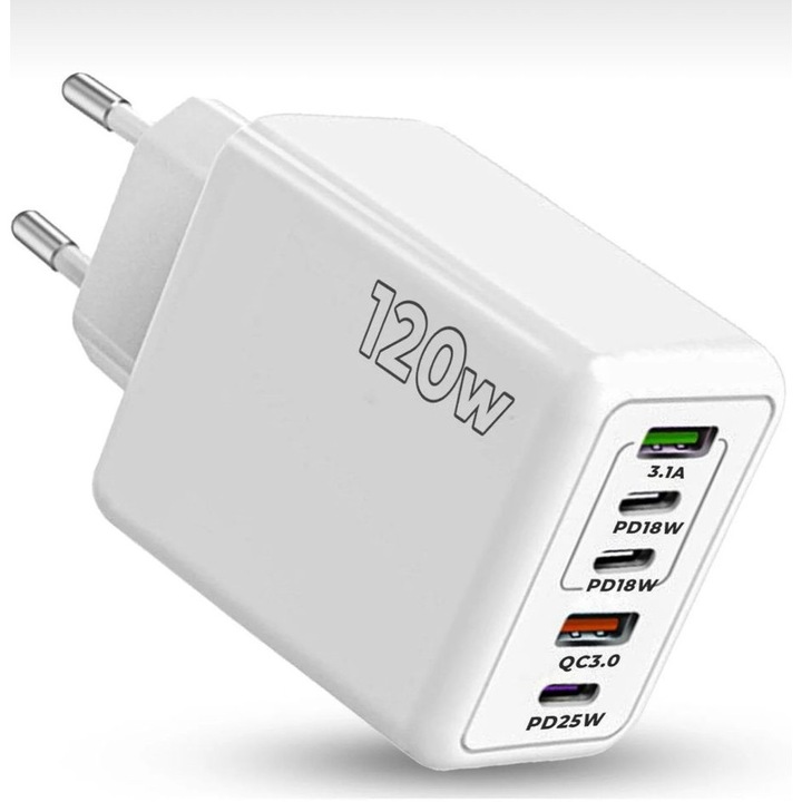 Încărcător de rețea CHARGER, 120W, 5 porturi (3x USB-C + 2x USB), alb