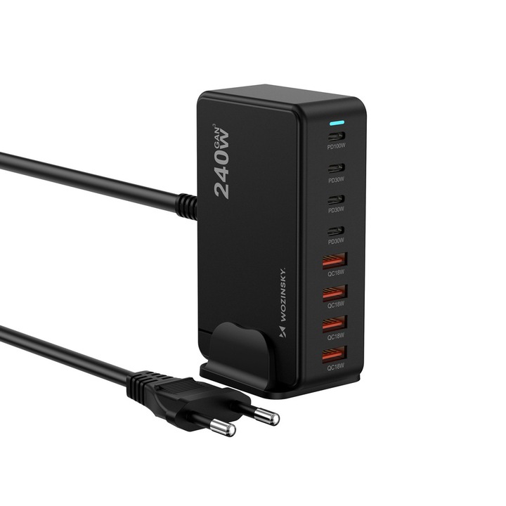 Wozinsky WSL-240 5 az 1-ben töltőállomás, 240W, 1x USB-A, 4x USB-C, Fekete