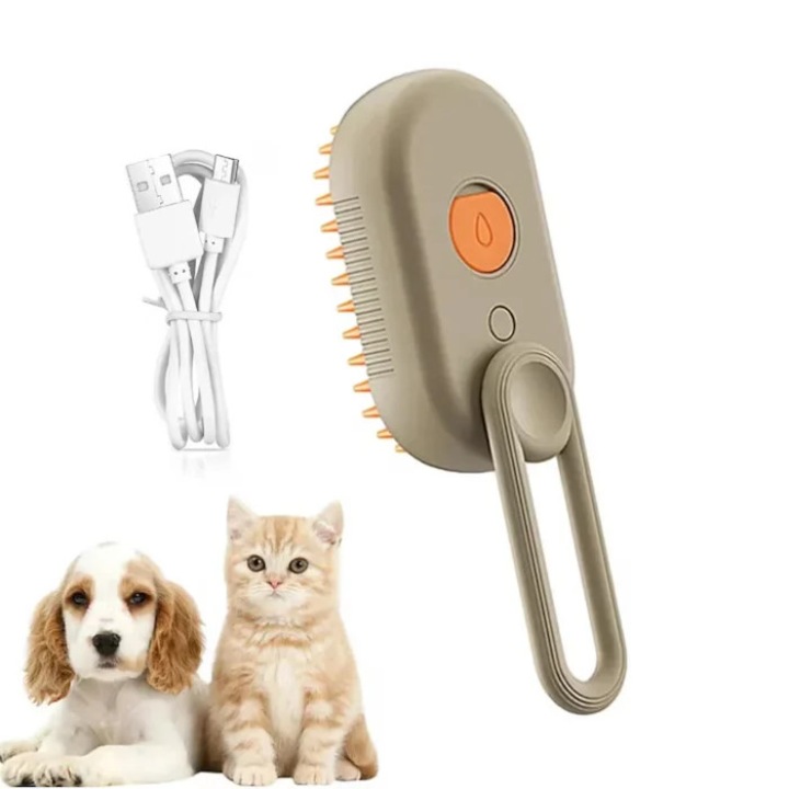 Perie 3 în 1 cu aburi pentru câini și pisici, Brivoo, reîncărcabilă USB, masaj, portocalie/bej