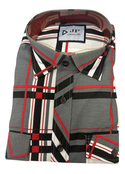 Мъжка риза, JP, червена с фини черно-бели райета, дълъг ръкав, памук-полиестер, XL