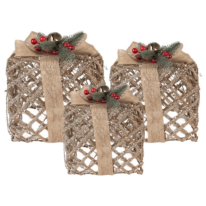 Set 3 decoratiuni Craciun luminoase, Clayre & Eef, multicolor, 25x25x30cm / 20x20x24cm / 15x15x17cm