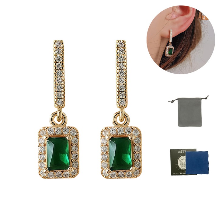 Cercei dama, pandantiv cu piatra pretioasa verde, zirconiu cubic, smarald/aur