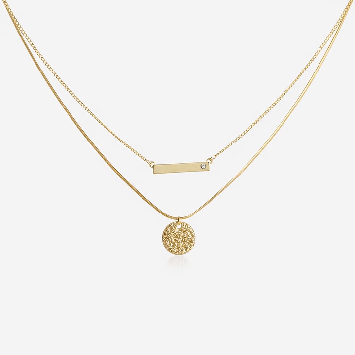 Colier femei Shopiens auriu dublu cu pandantive cristal și medalion texturat
