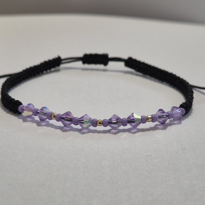 Bratara handmade reglabila cu cristale Preciosa si margele Miyuki, Aur 14K, mov, 14.5x23cm