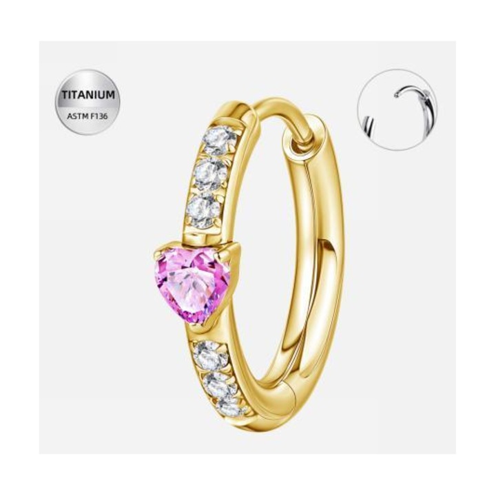 Inele piercing din Titan placat auriu cu cristale zirconia și inima roz, 1.2mm x 8mm, set