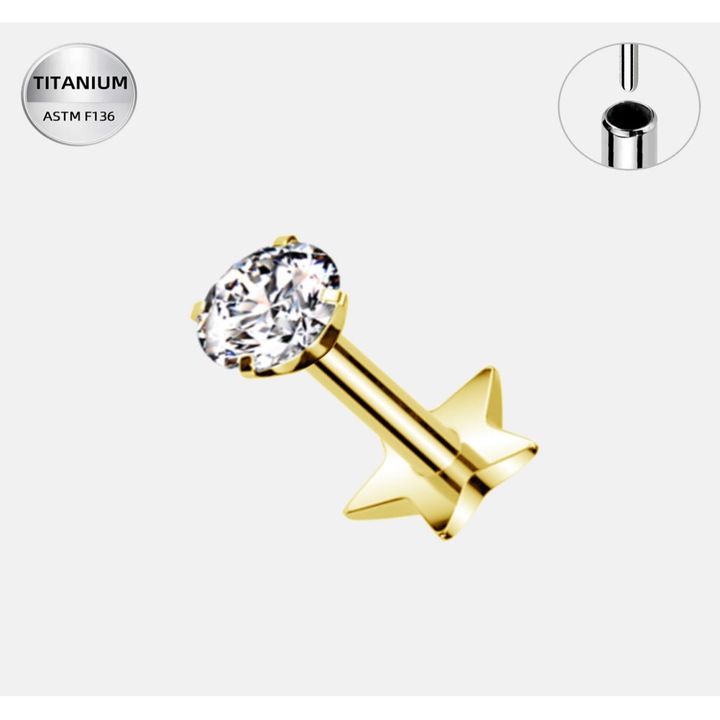 Piercing labret din titan placat auriu cu zirconiu, baza stea, 1.2mm x 8mm