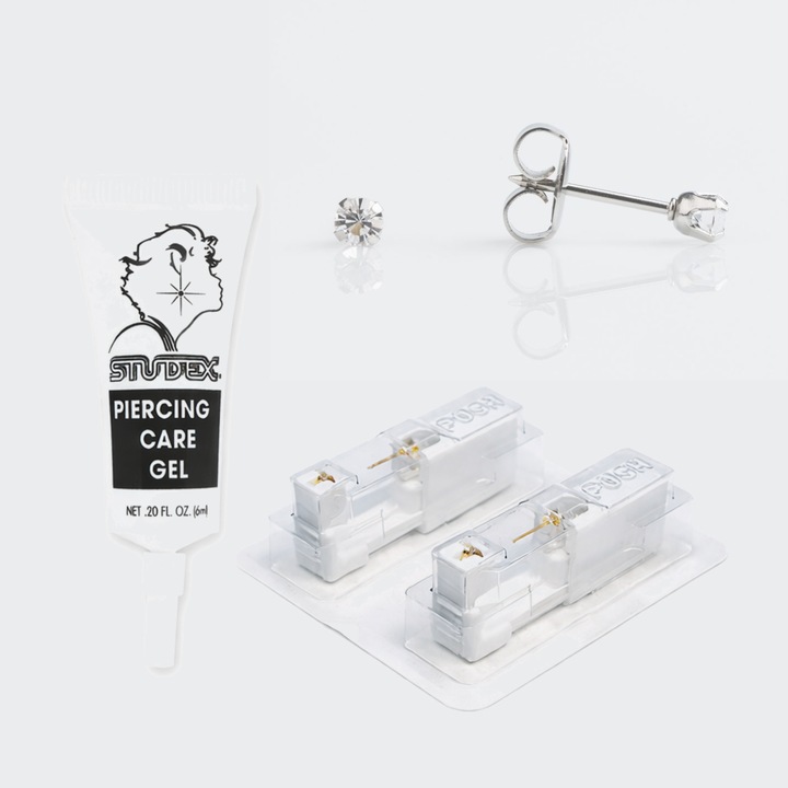 Set piercing urechi, SENSITIVE, cercei medicinali hipoalergenici cu dispozitiv pentru piercing, gel ingrijire, aurii