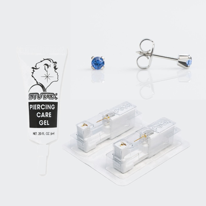 Pachet complet piercing urechi, SENSITIVE, cercei medicinali cu dispozitiv pentru piercing, otel chirurgical, 3 mm, gel ingrijire