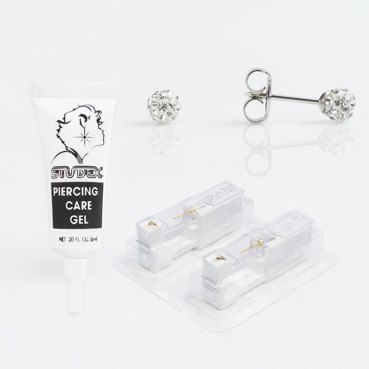 Pachet complet piercing urechi, SENSITIVE, cercei medicinali din oțel chirurgical, gel de îngrijire, aurii, 4, 5 mm