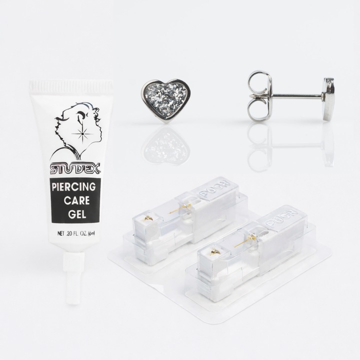 Pachet cercei piercing urechi SENSITIVE, argintii, otel chirurgical, 7mm, gel ingrijire