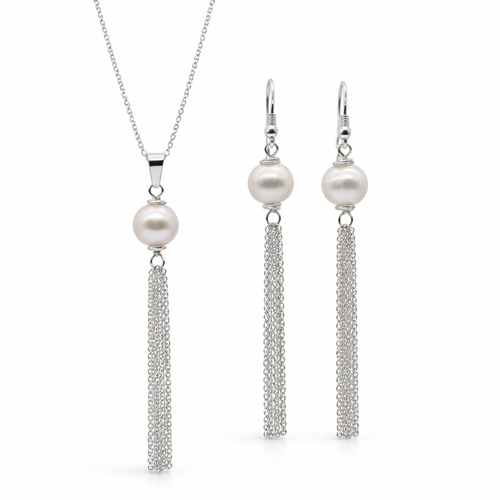 Set din argint 925 cu perle naturale, cercei 7, 4 cm, pandantiv 6, 5 cm, lant 45 cm