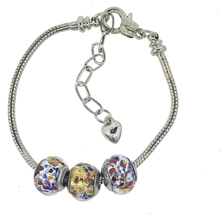 Bratara inox cu 3 charms multicolor sticla Murano, cupe argint 925