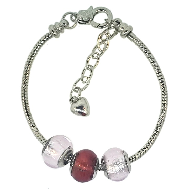 Brățară inox cu 3 charms rubin închis din sticlă Murano, cu cupe din argint 925