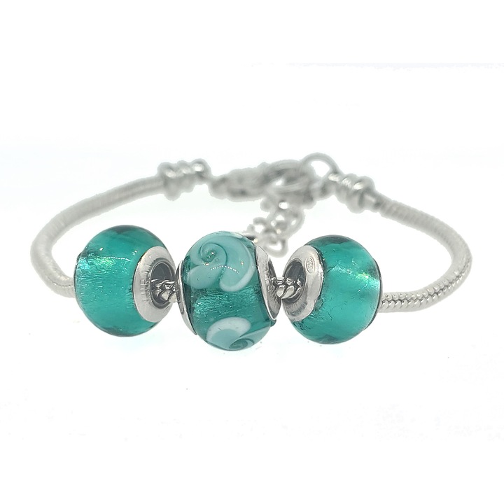 Bratara inox cu 3 charms din sticla Murano, cupe din argint 925, multicolor