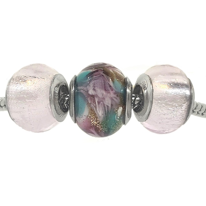 Bratara din inox cu 3 charms din sticla Murano, cupe din argint 925, rubin, set