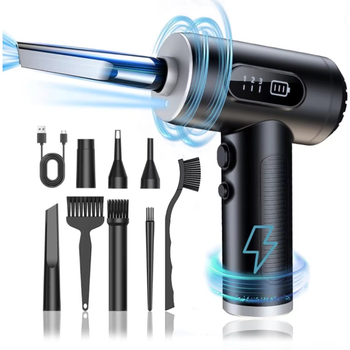 Aspirator portabil GABOS, reincarcabil USB, 6000mAh, negru, 12x17x6cm, 9x adaptoare inclus