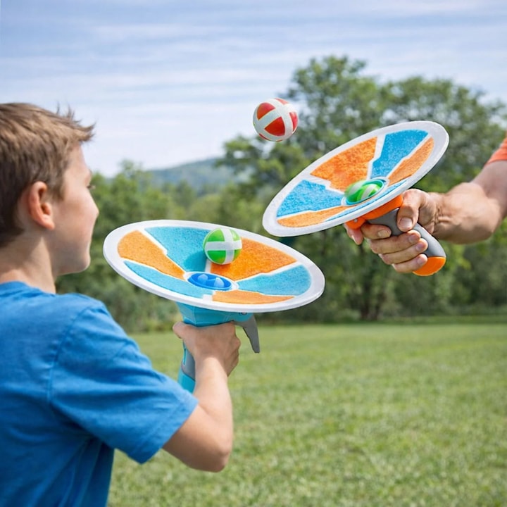 Jucarie de Indemanare ”Prinde Mingea - Catch Ball„ cu Disc Turcoaz Portocaliu & 6 Mingi - 8 piese