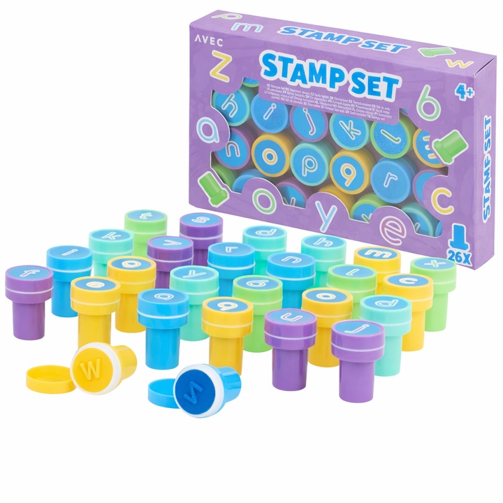 Betűbélyegző készlet gyermekeknek, 26 darabos, teljes ábécé, oktató, +4 év