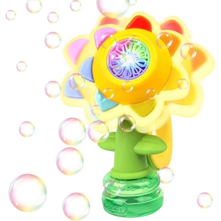 Aparat de Facut Baloane de Sapun forma Floare, 3 Moduri Interactive, Lumini LED Colorate, Design Anti-Scurgere cu Rezervor Sigilat, 3 Viteze, 1 Rezerva Lichid Inclusa, Multicolor