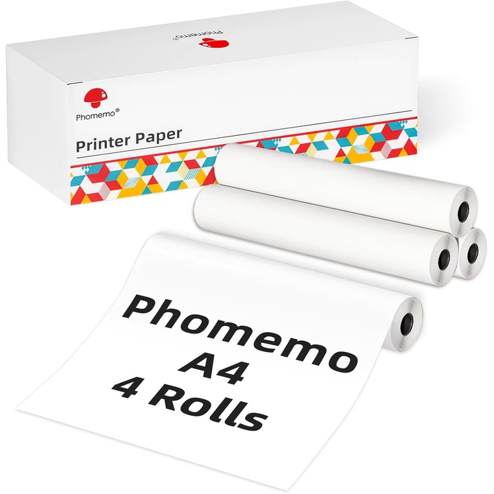 Set 4 Role Hartie Termica A4 Phomemo, 210mm x 6.5m, Fara BPA, Alb