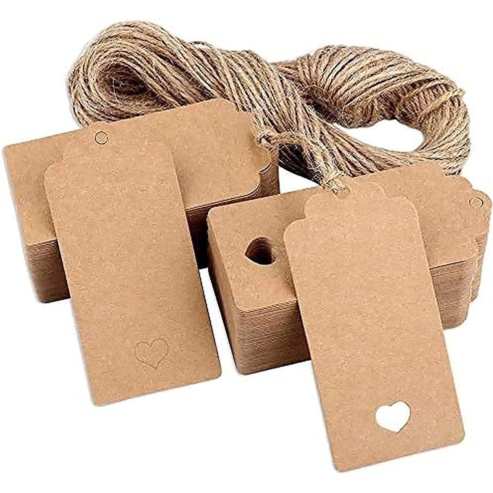 200 db kraftpapír ajándékcímke szett, sárga, 4x9cm, jutazsinórral együtt
