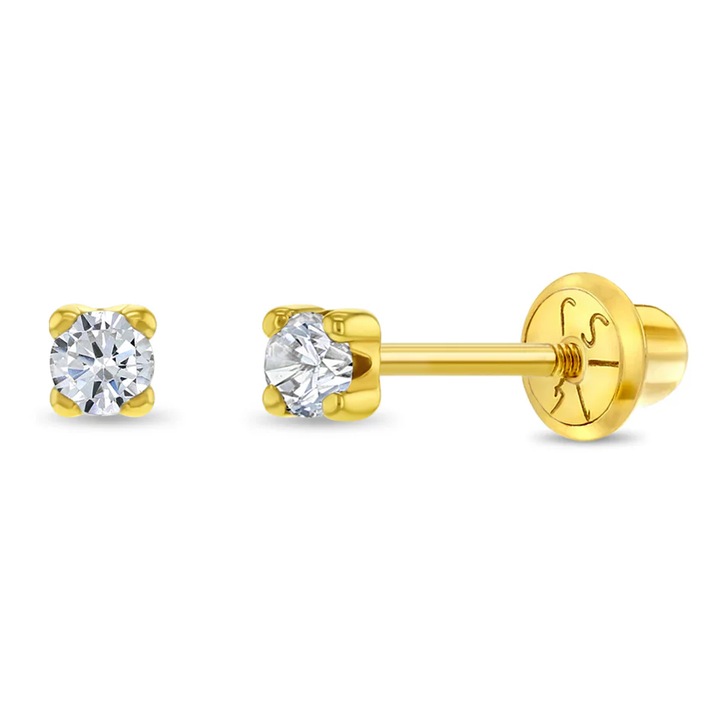 Cercei din Aur 14K pentru Copii – Diamant Natural 2mm, montura Prong, inchidere cu Filet si Protectie