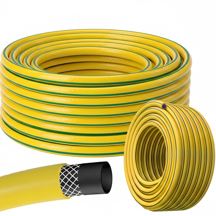 3 rétegű kerti tömlő, Zola, 50 m, erősített, 3/4" átmérőjű, PVC és szintetikus szál, UV-álló, sárga