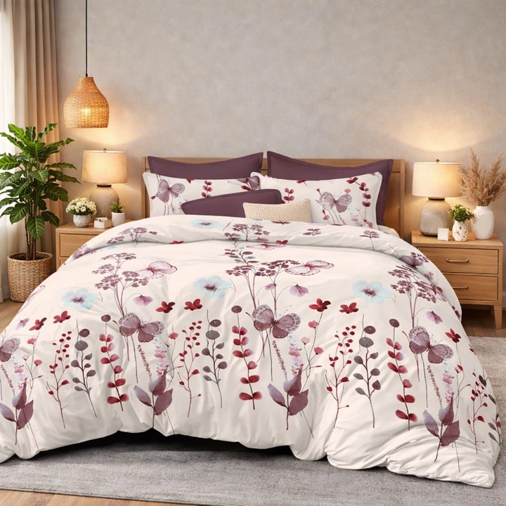 Lenjerie pat dublu din finet, cearceaf pat cu elastic 180x200 cm, 6 piese, Lenjerii Deosebite, Flori si fluturi mov