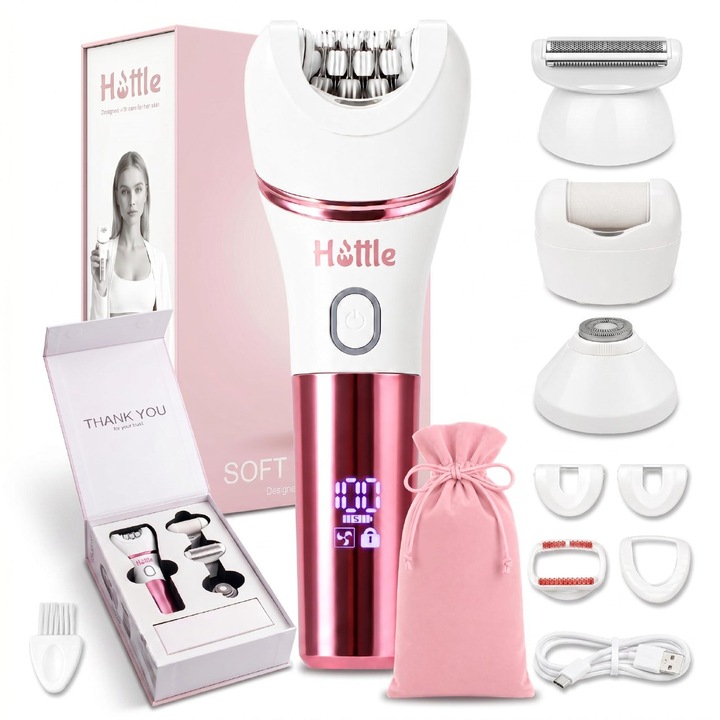 Епилатор Електрически HOTTLE® 4 в 1, За фина епилация без раздразнения, Мултифункционален уред за лице, крака, подмишници и интимна зона, USB презареждаем, Водоустойчив, LED дисплей, Множество приставки, Автономност 90 мин, Бяло-розов