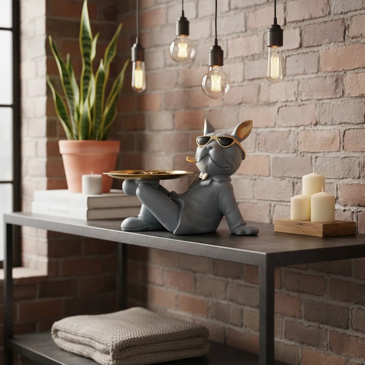 Figura decorativa Bulldog gri cu farfurie pentru obiecte mici 17/19cm