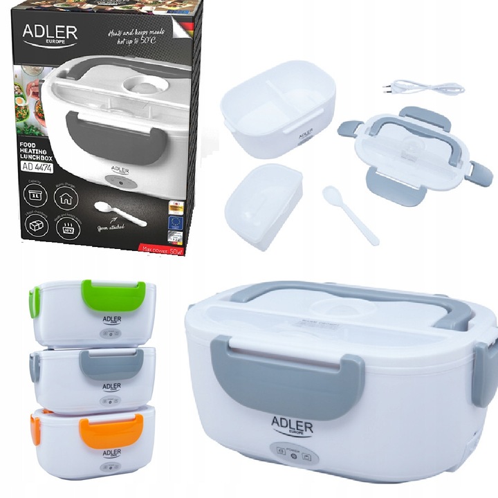 Adler AD 4474 elektromos ételhordó, 1,1 liter, 2 rekesz, szürke, kanállal