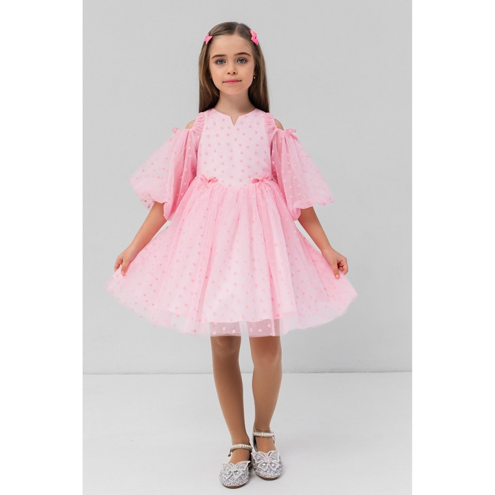 Rochița Premium Mariana Roz din Tulle Euro - Siluetă Trapez, Inimi Delicate, Mâneci 3/4 Semi-Transparente, Căptușeală Bumbac, Suzie, 4-8 Ani