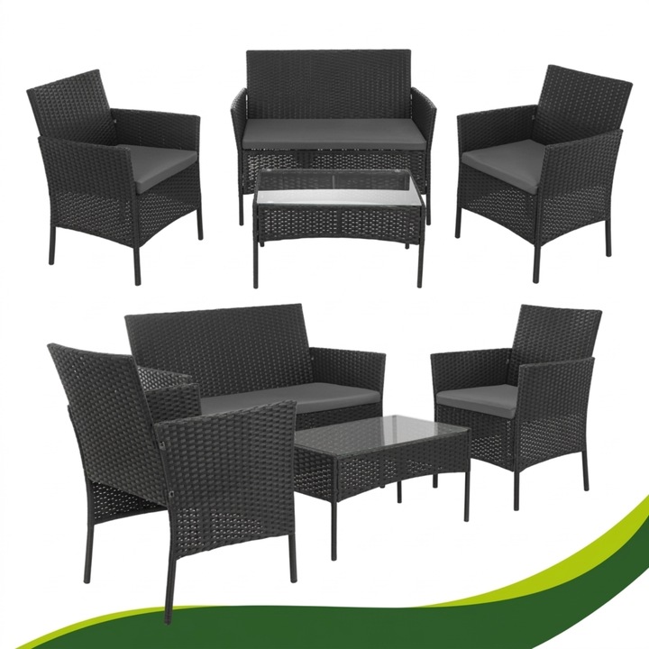 VarioShop fekete rattan kerti bútor szett – 2 személyes kanapé, 2 fotel, asztal üveggel és párnákkal, kültéri terasz erkély bútor