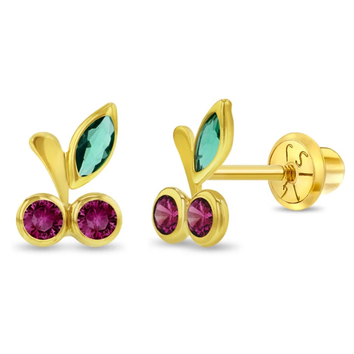 Cercei din Aur 14K pentru Copii – Cirese cu pietre CZ fucsia, inchidere cu Filet si Protectie