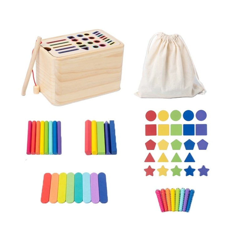 Jucarie Educativa Montessori din Lemn, Cutie Sortare Forme, Culori si Betisoare, Joc de Insirare, 56 piese, Dezvoltare Motricitate Fina, Copii 3+ ani, Multicolor