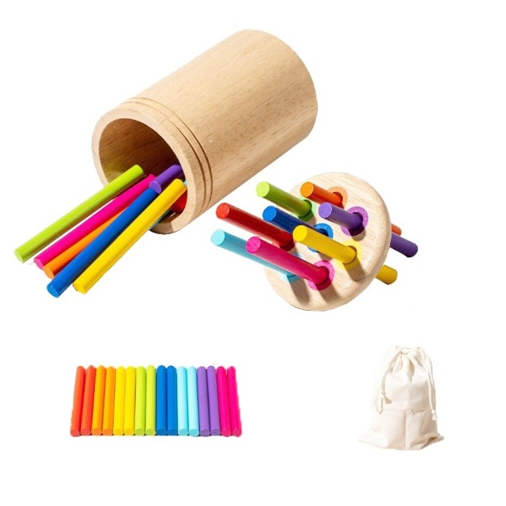 Jucarie Educativa Montessori din Lemn, 19 Piese, Sortator cu Betisoare, Joc de Motricitate Fina pentru Copii, Varsta 2+ ani, Saculet Depozitare, 11.3 x 7 cm, Multicolor