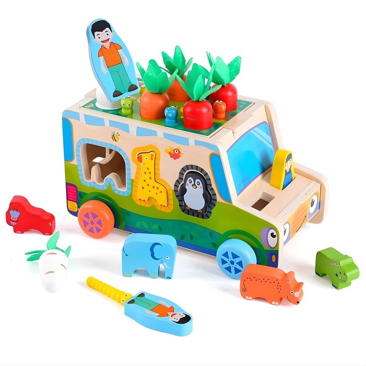 Jucarie Educativa Montessori, Model Masinuta Educativa din Lemn 6 in 1, Sortator Forme, 1–3 ani, 23.7 x 17.5 x 12 cm, Multicolor