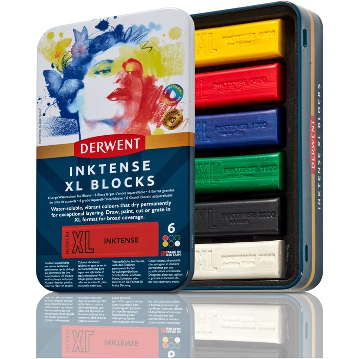 Carbune XL Derwent Proffesional Inktense, cutie metalica, solubil in apa, 6 buc/ set, diverse culori
