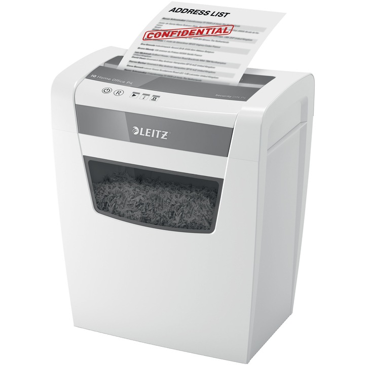 Distrugator documente manual Leitz IQ Home Office S, P4, cross-cut (confeti), 12 coli, cos 23l, alb