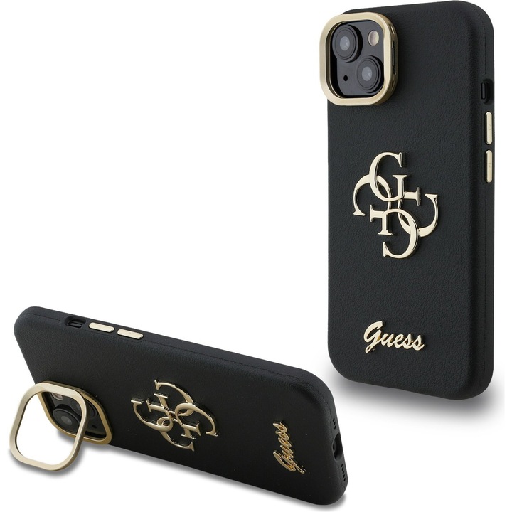 Husa telefon Guess, model 4G, PU cu textura de piele, suport, neagra, pentru iPhone 13