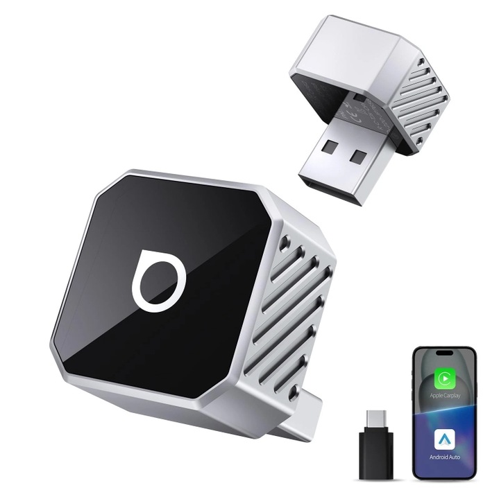 Adaptor Ottocast Mini Cube 3.0 2026 Wireless CarPlay si Android Auto, Plug and Play 2-in-1, 5GHz WiFi, Negru