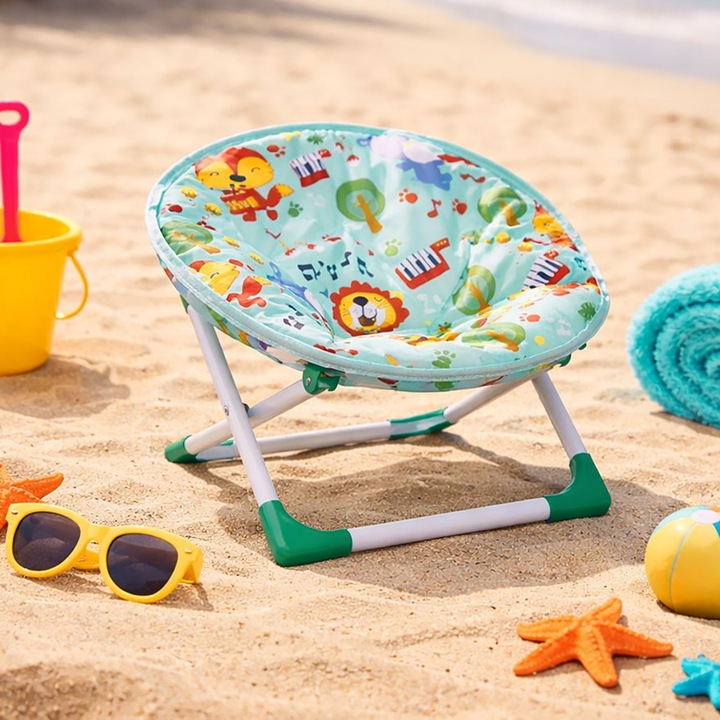 Scaun Fotoliu Pliabil Copii Verde Menta cu Animalute ANTBRO®, Scaun Plaja si Gradina, Cadru Metalic, Antiderapant, Usor de Transportat, Rezistent la Apa, 46x34.5x33.5 cm