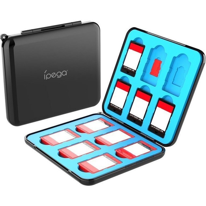 Carcasa pentru jocuri Nintendo Switch, iPega, capacitate 12 carduri, design negru, compacta