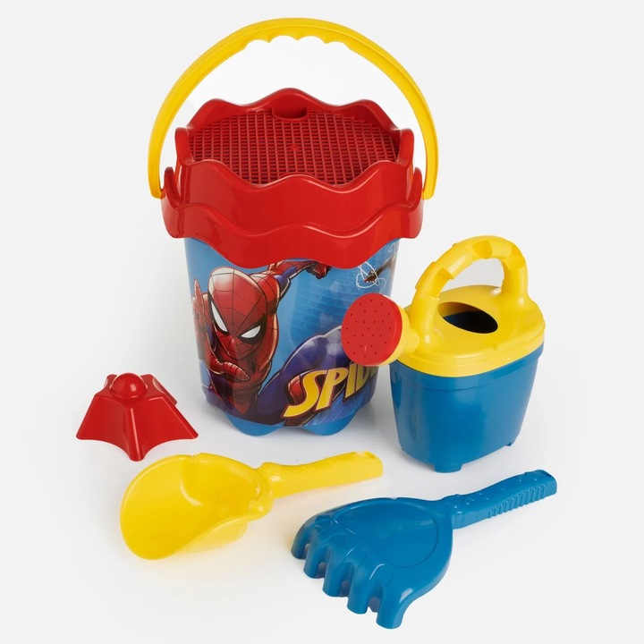 Set Galetusa Plaja Copii model Spiderman ANTBRO®, 4 Accesorii (Lopatica, Grebla, Stropitoare, Forma), Jucarie Nisip si Apa, Ideal Vacanta si Joaca Exterior, Ø16x20 cm