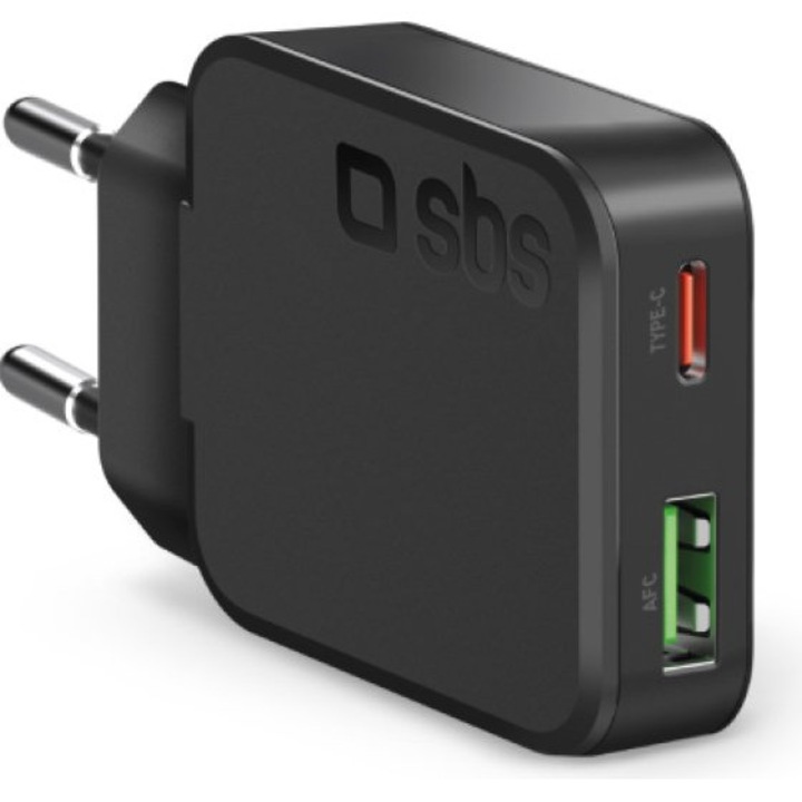 Incarcator rapid 45W USB-C si USB-A, SBS, format slim, negru